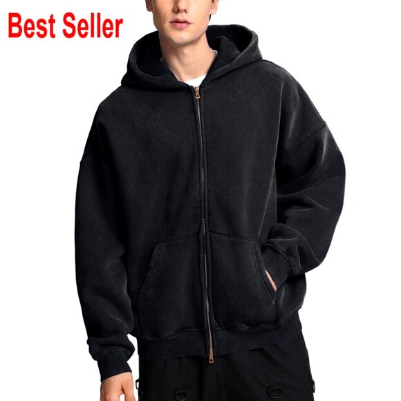 Men's Heavyweight Fleece Zip Hoodie Oversized Fit Full Zipper Vintage Style